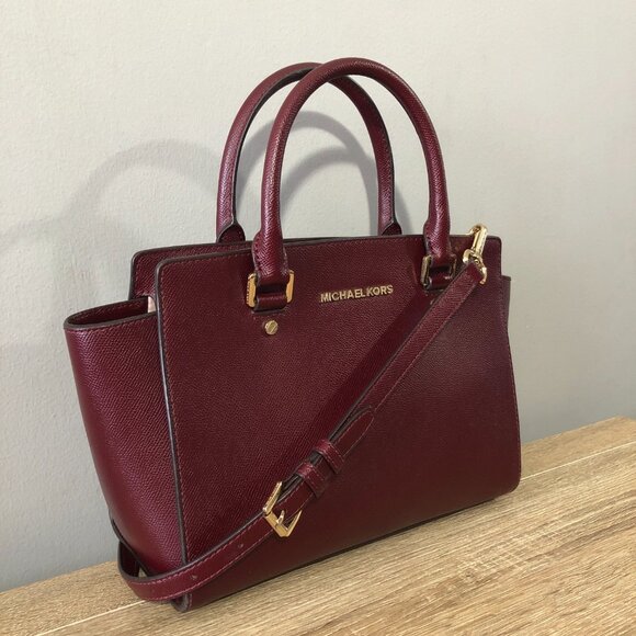 Michael Kors Selma Medium Saffiano Leather Merlot/Wine Satchel Crosbody Handbag - Picture 4 of 16
